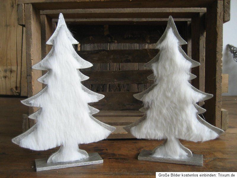 2er Set Tannenbaum Holz mit Fell Deko Tisch ausgefallen 27 cm