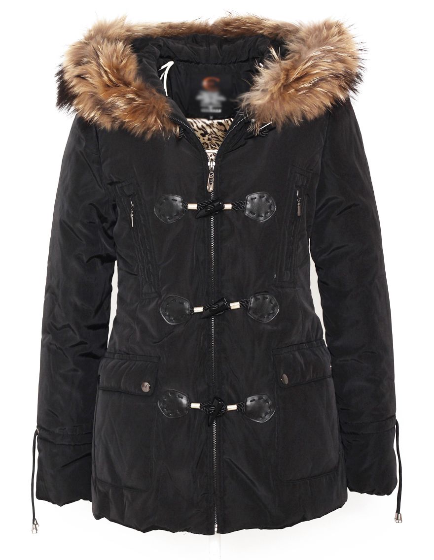 Damen Raccon Fur Collar Hoodie Horns Buckle Mantel Schwarz Cavalli 909