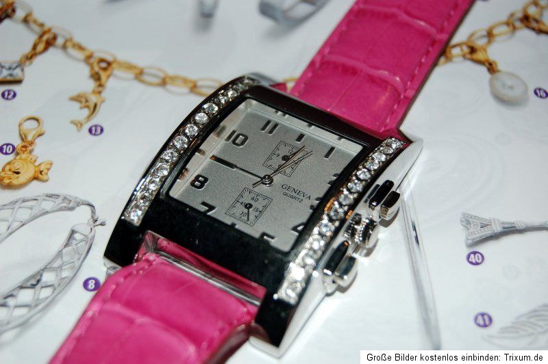 Geneva Strass Leder Uhr Chronolook rosa blau weinrot apricot pink