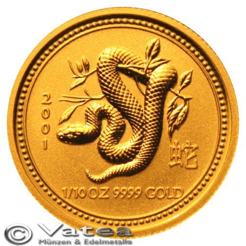 Australien 15 AUD Lunar I Schlange 2001 1/10 Unze Gold